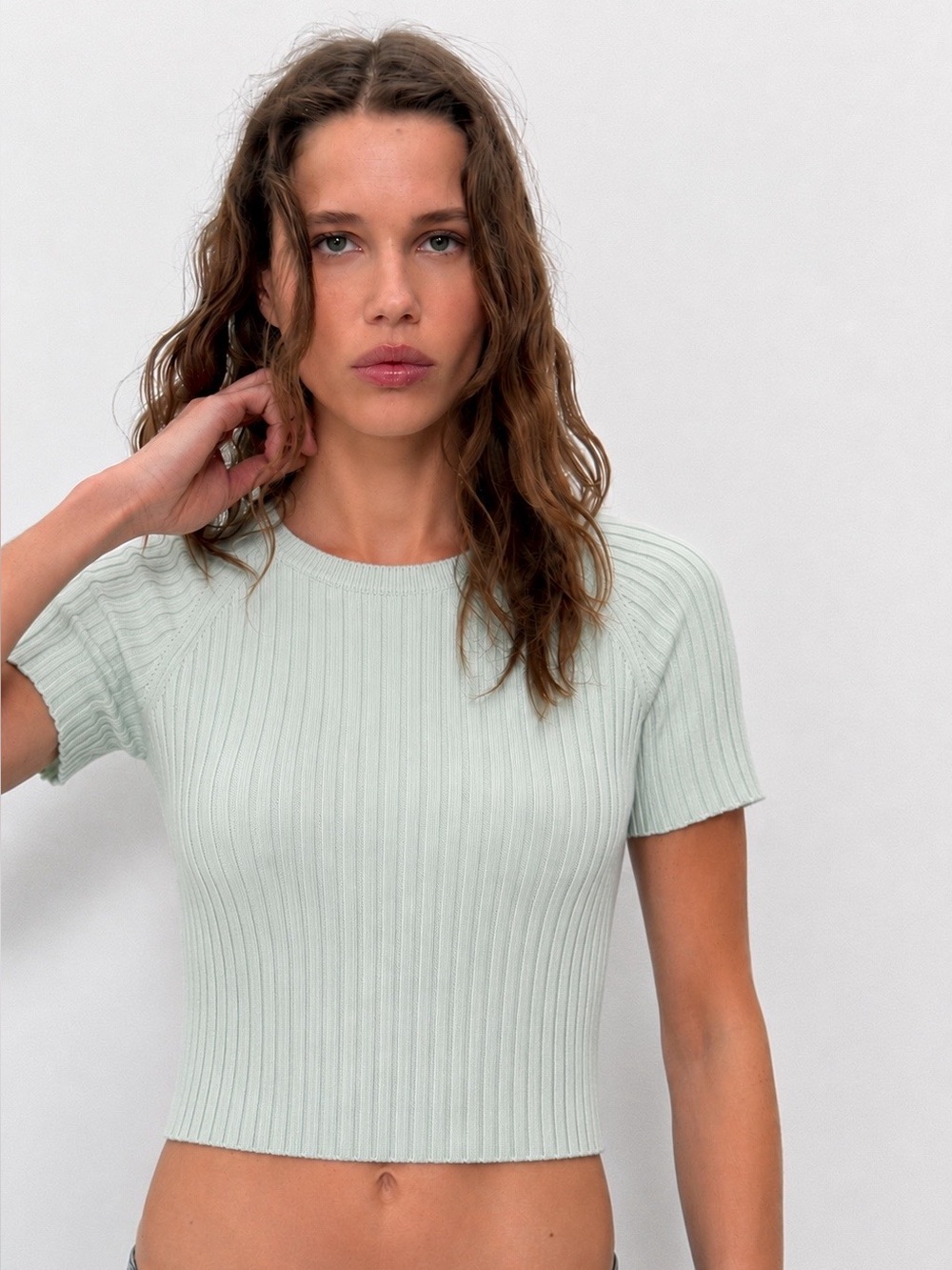 Colorush Mint Ribbed Short-Sleeve Crop Sweater